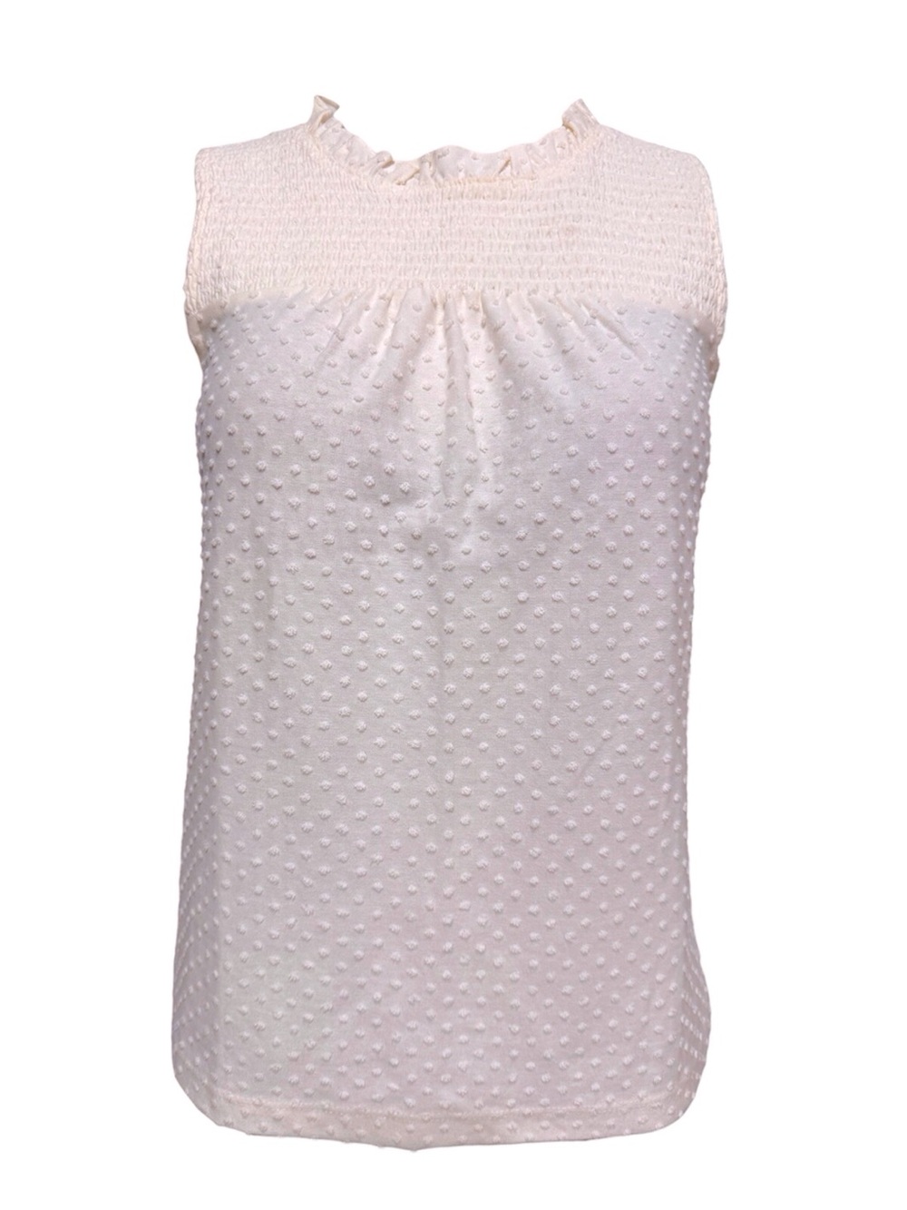 J. Crew 4.5 Smocked Clip-Dot Blouse High Neck Sleeveless Top Size XXS Cream